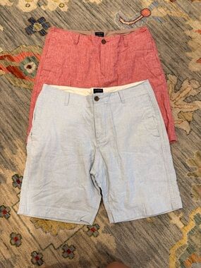 Lot of 2 J CREW Gramercy Mens Size 35 W Linen Cotton Chino Shorts Blue Red
